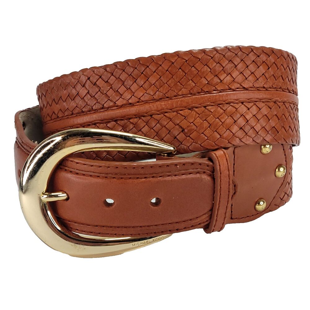 Braided Leather Country Gold Buckle Belt Michaelโ Kors XL Cognac Brown Wide